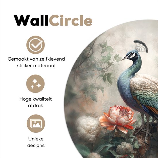 WallCircle - Stickers muraux - Cercle Papier Peint - Paon - Plumes De Paon - Vogel - Jungle - Fleurs - 30x30 cm - Cercle Mural - Auto Adhésif - Autocollant Rond Papier Peint