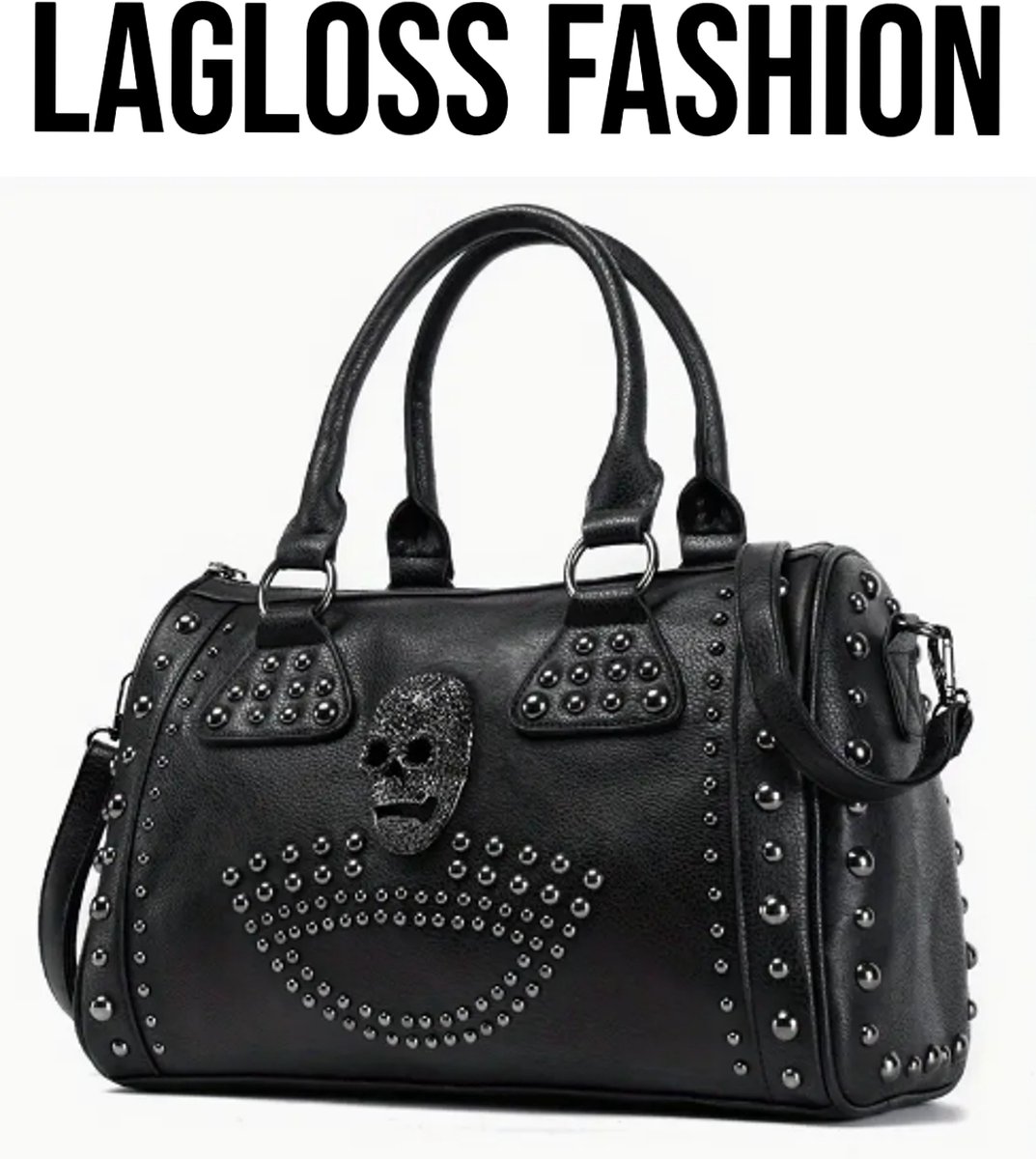 LaGloss® Luxe Leatherlook Schoudertas Zwart Skull & Studs - 24x35x15 cm
