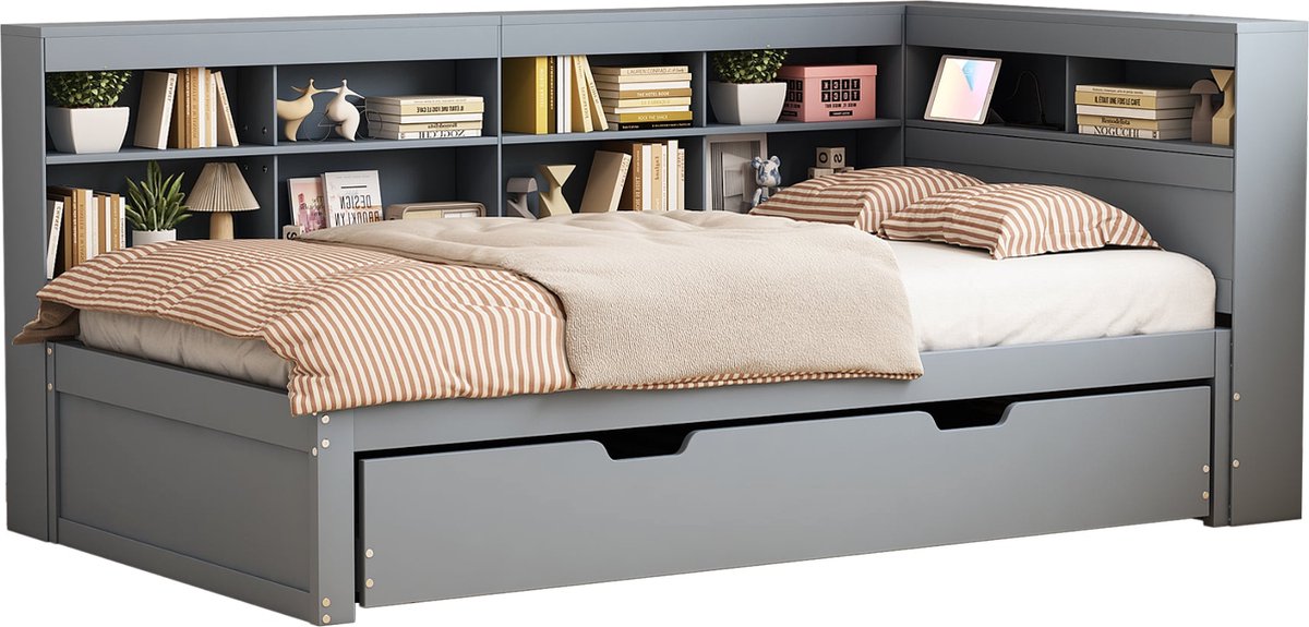 Merax Slaapbank 90x200 cm met Uitschuifbaar Bed - USB-oplaadpunt en Meerdere Opbergvakken – Houten Multifunctioneel Bed in Grijs