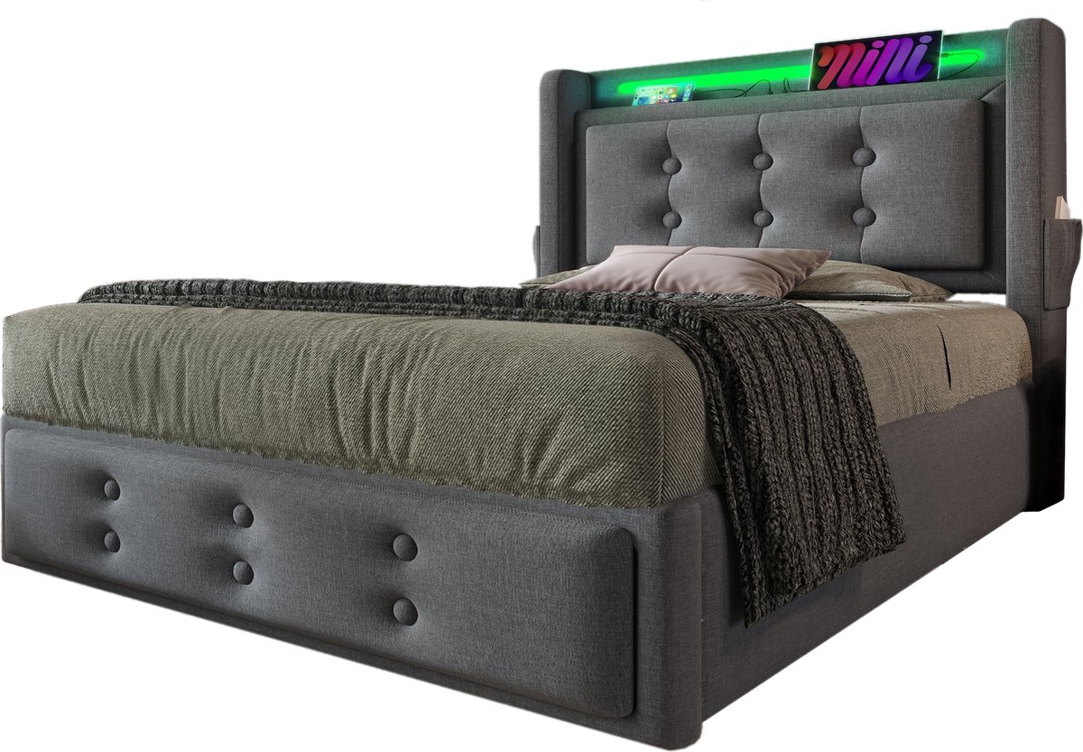 Merax Gestoffeerd Eenpersoonsbed 90x200, Eenpersoonsbed met LED Hoofdbord - USB-C Oplaadfunctie - Hydraulisch Bed met Houten Lattenbodem en Metalen Frame - Inclusief Matras - Grijs