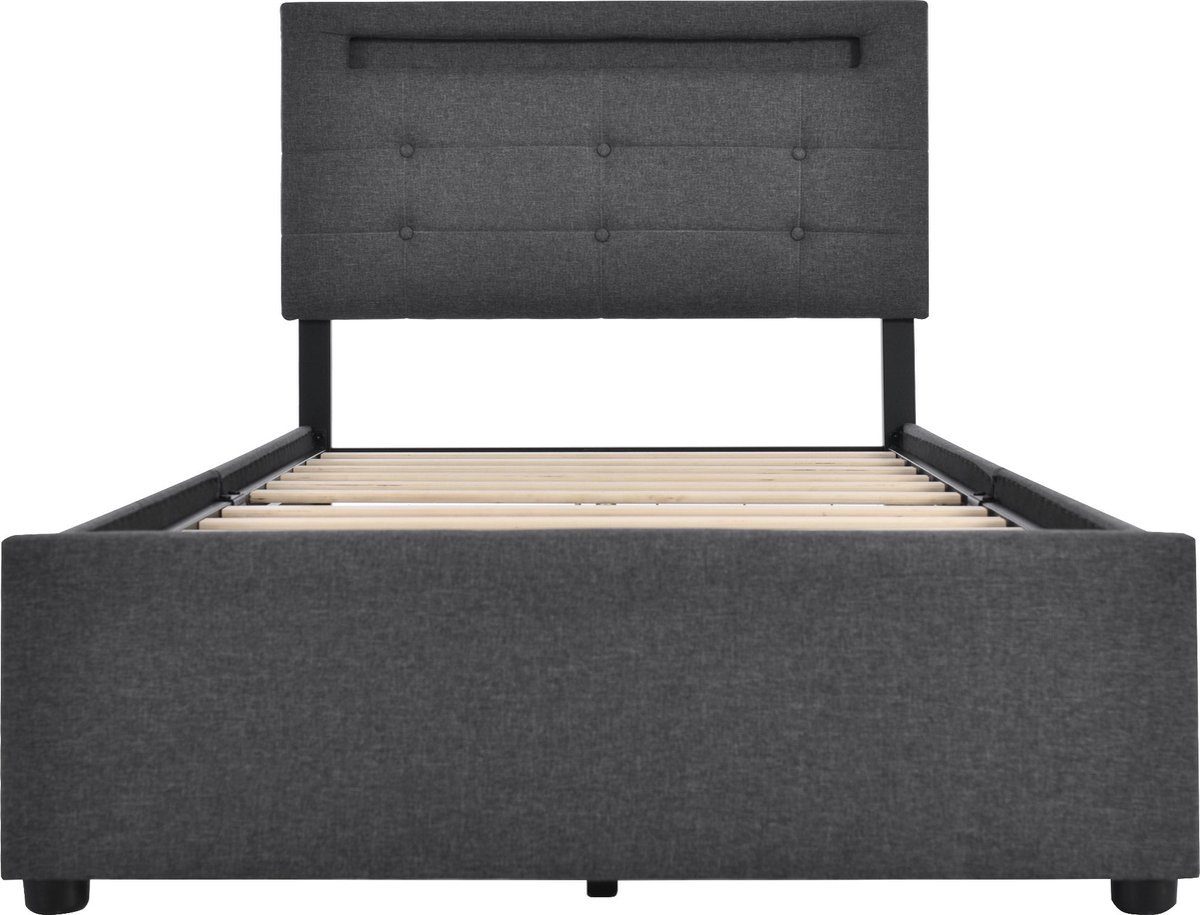 Merax Eenpersoonsbed met LED-Verlichting en 2 Opberglades - Inclusief Matras - 90x200 cm - Verstelbaar Hoofdbord - Houten Lattenbodem - Grijs