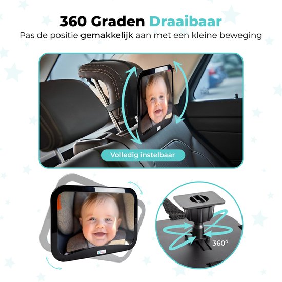 Calmy Autospiegel Baby XXL - Verstelbare Spiegel - Achteruitkijkspiegel - Veiligheidsspiegel - Baby en Kids - 19 x 30cm - 360 graden draaibaar - Zwart van Calmy — afbeelding 5