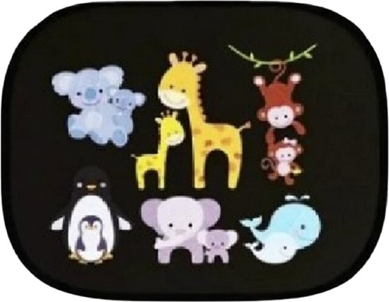 Zonnescherm Auto Ramen Achterin - Kinderen Zonneschermpjes Voor In de Auto - Anti Zon - Zwart Met Dieren - Olifant, Giraffe, Aap - 44x36cm - 2 Stuks — afbeelding 2