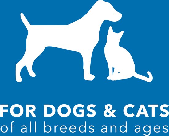 Witte silhouetten van een hond en een kat met de tekst "FOR DOGS & CATS of all breeds and ages".
