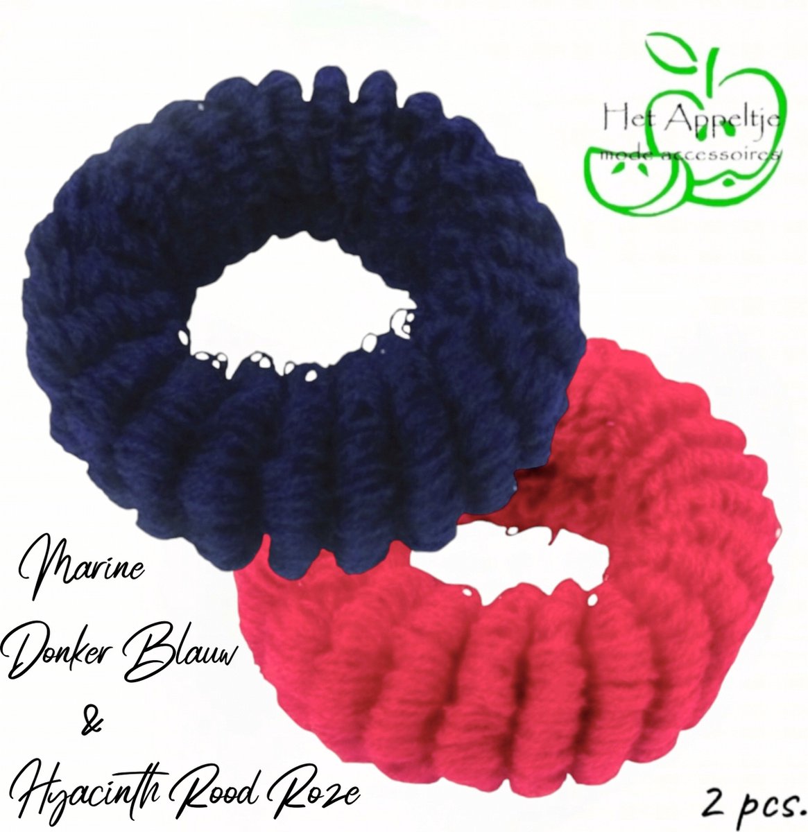 H.A.M.A. - Brede Gebreide Ribbel Haar Elastieken - Marine Donker Blauw en Hyacinth Rood Roze - 2 stuks - 6,5 x 3,5 cm - Volwassenen Jeugd Kinderen - Unisex - Casual Sport Feest