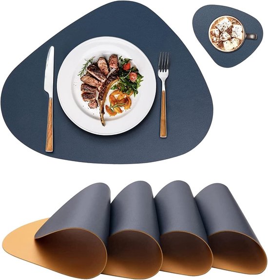 Set de 4 sets de table et sous-verres ronds en plastique - bleu foncé et jaune - lavables