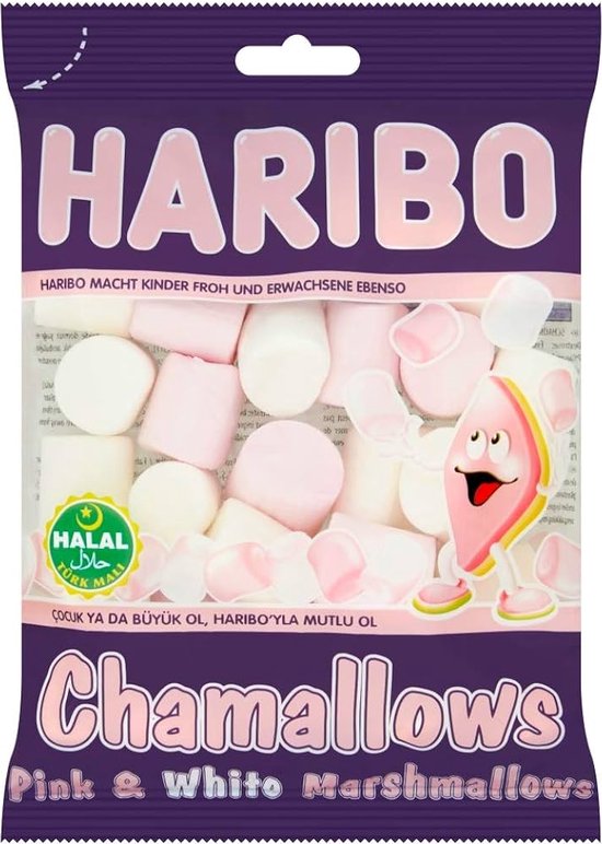 Haribo Chamallows zak met zachte roze en witte marshmallows. Een lachende marshmallow-figuur met een aardbeienhoedje is afgebeeld.