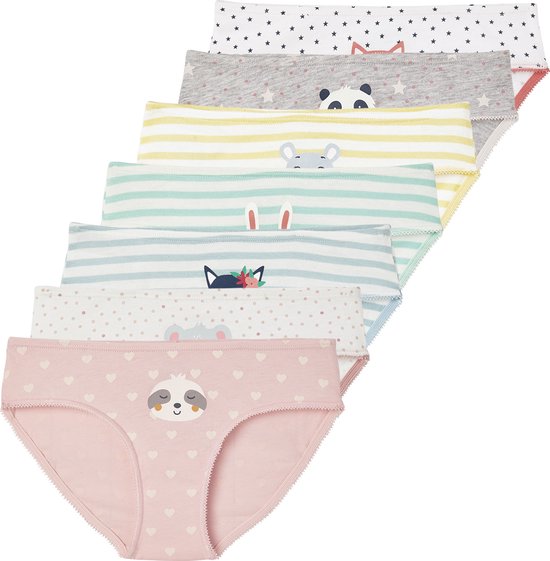 Set van 7 onderbroeken met dierenprints: sterren, panda, nijlpaard, konijn, vos, kat en luiaard.