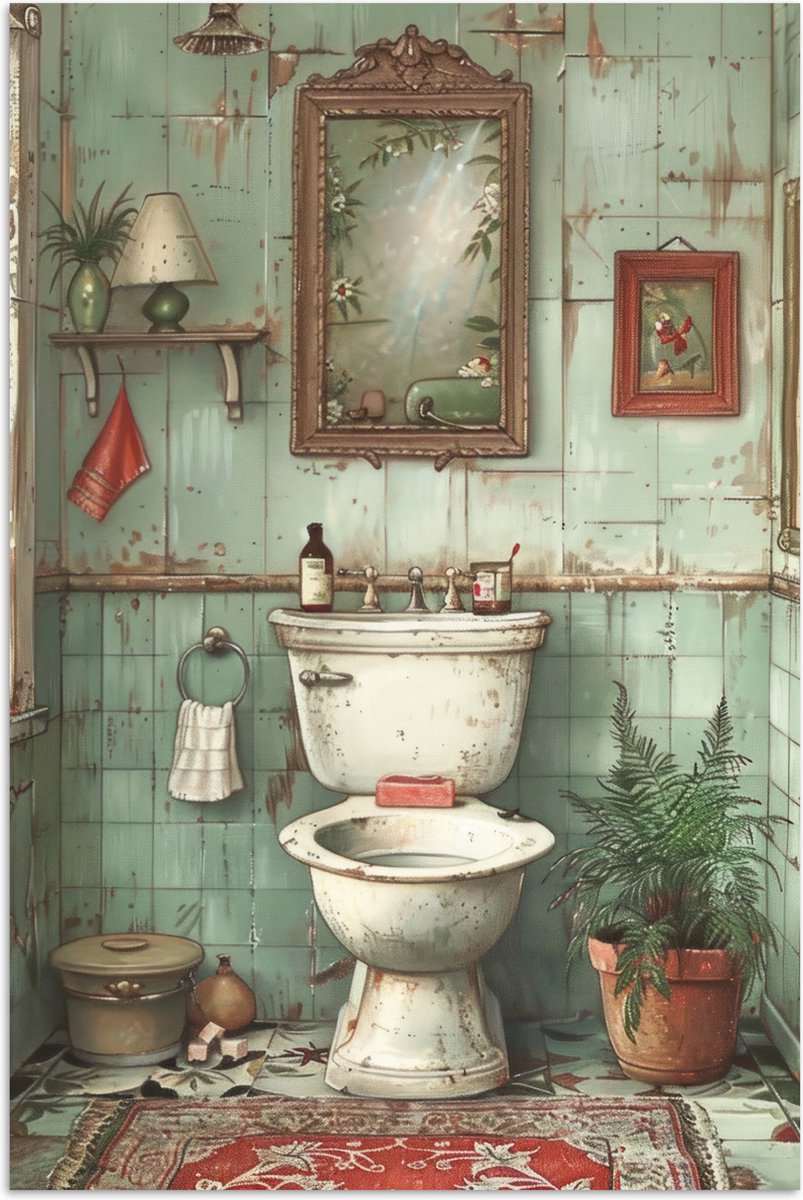 Poster 80x120 cm - Vintage - Toilet - Illustratie - Posters - Wanddecoratie badkamer - Muu