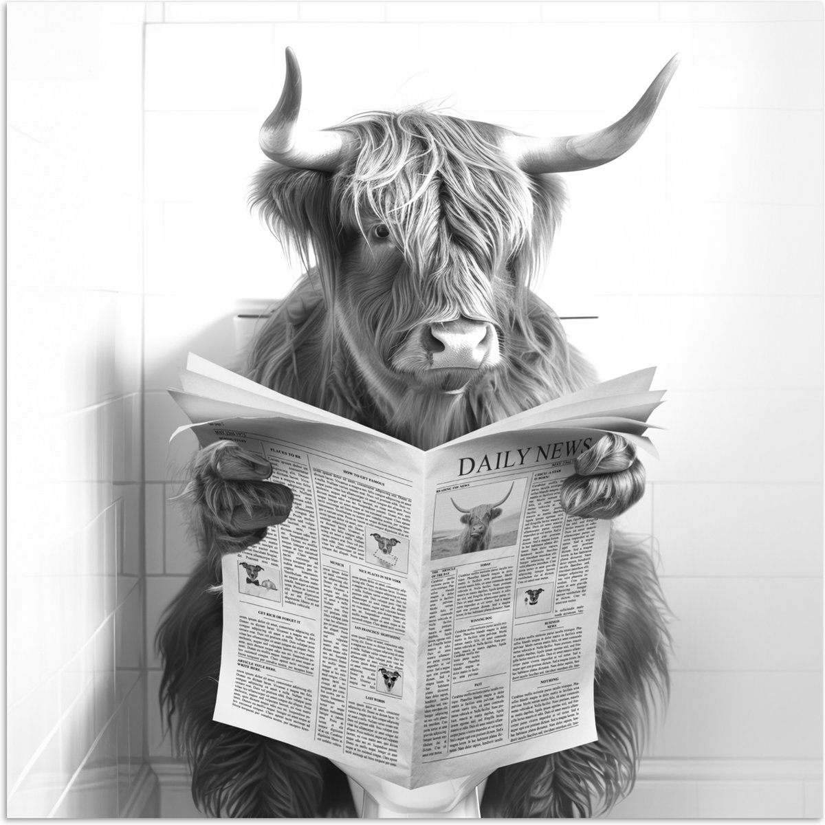 Poster 100x100 cm - Schotse Hooglander - Dier - Krant - WC - Posters - Wanddecoratie badka