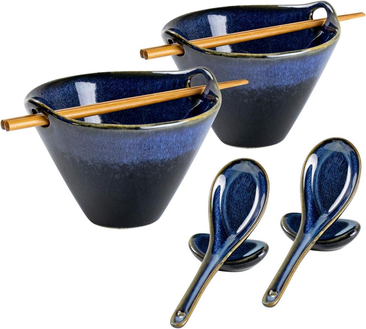 Keramische raamkom soepkommen blauw set voor Aziatische levensmiddelen Japans servies 2 x 780 ml