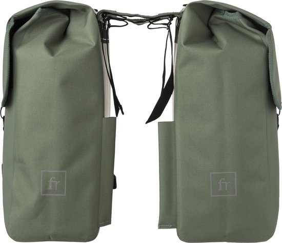 Olijfgroene dubbele fietstas met "fr" logo op elke tas.