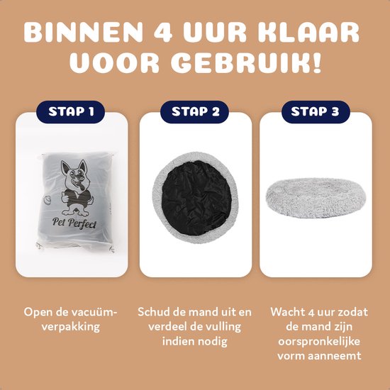 Stappenplan voor het uitpakken en opzetten van een hondenmand: uitpakken, schudden, op vorm laten komen.
