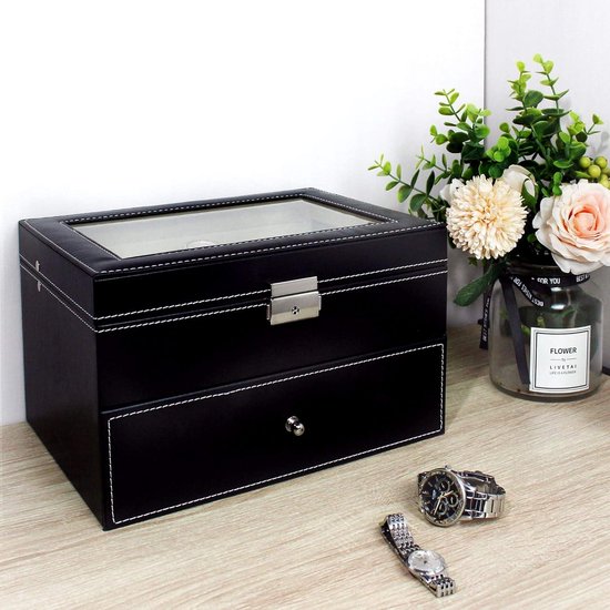 Todeco - Horlogedoos, horloge- en armbandopbergkoffer - Afmetingen: 28,5 x 20,5 x 15 cm - Materiaal doos: MDF - 20 horloges met lade en display, zwart/ beige