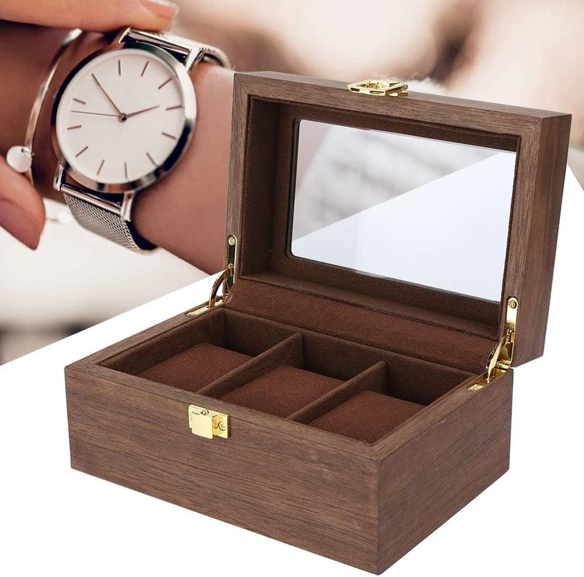 Horlogedoos voor 3 horloges met glazen venster - Houten horloge opbergruimte - Zwart walnoothout met transparant deksel