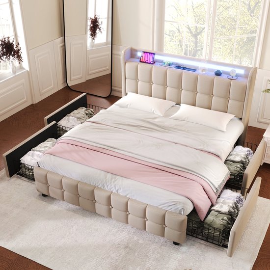 Merax Lit Double Queensize 160x200cm Comprenant Matras en Mousse Froide et 4 Tiroirs - Lit Rembourré avec Fonction de Chargement USB et LED- Siècle des Lumières - Beige