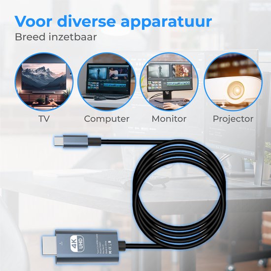 Grijze USB-C naar HDMI kabel met 4K UHD logo, aangesloten op een grote TV met een landschap. De kabel ondersteunt 4K beeld en geluid.