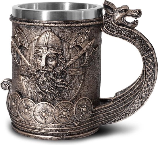Viking Warrior Tasse à Bières Stein Doublure en acier inoxydable – Norse Draon Drakkar Tasse à boisson nordique Tankard pour cadeau de collection 550 ml