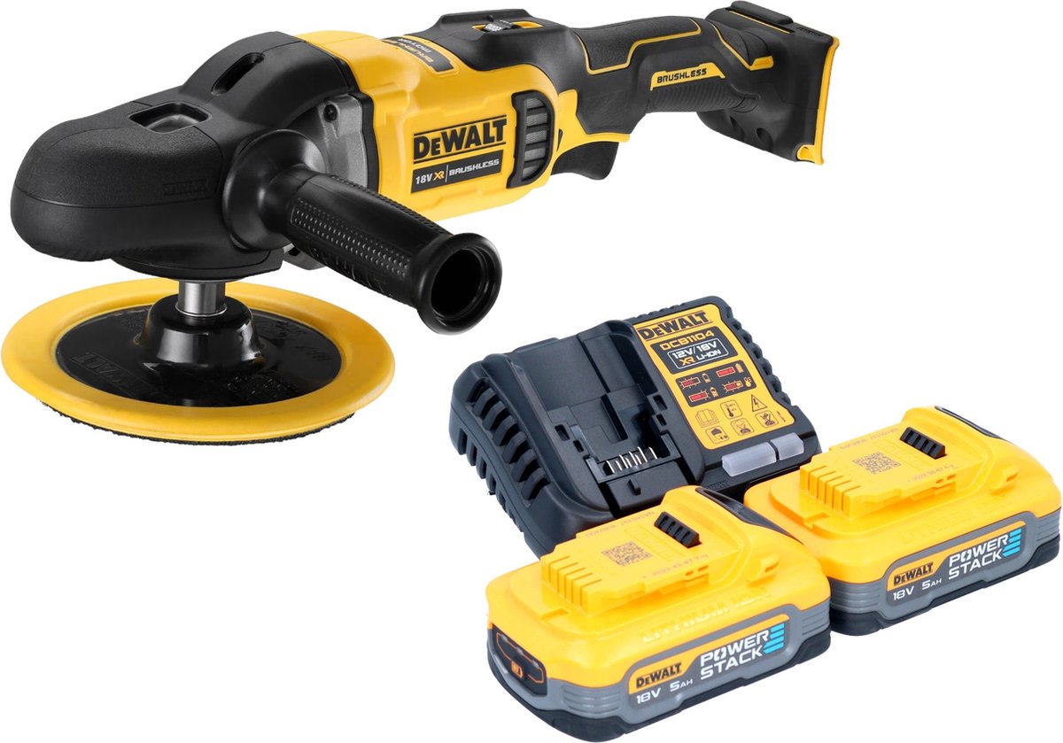 DeWalt DCM 849 H2 accu-excentrische polijstmachine 18 V 180 mm borstelloos + 2x Powerstack accu 5.0 Ah + lader