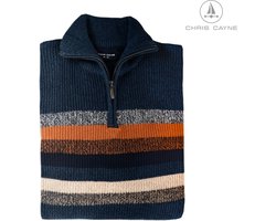 Chris Cayne donkerblauwe schipperstrui met geplaatste streep - maat XL - heren trui XL - kleur donkerblauw met streeppatroon in pompoen kleur - los gebreid - heren pullover met korte rits - herenmode - herenkleding - gebreid