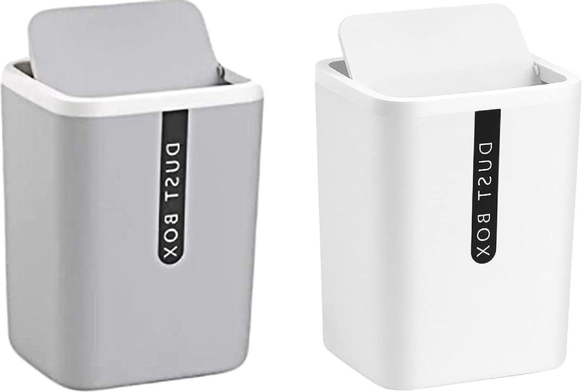 Goedkoopste Prullenbak Kunststof afvalbak met klepdeksel - Keukenbak - Vuilnispapier - 2 stuks mini-prullenbakken - geschikt voor nachtkastjes badkamers bureaus woonkamers keukens grijs wit