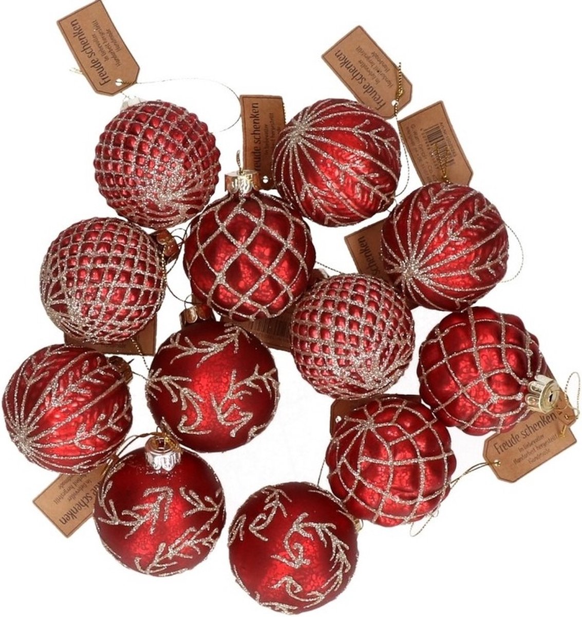 Rode glazen kerstballen set van 24 stuks met gouden decoratie, 6 cm groot. Kerstversiering in chique stijl.