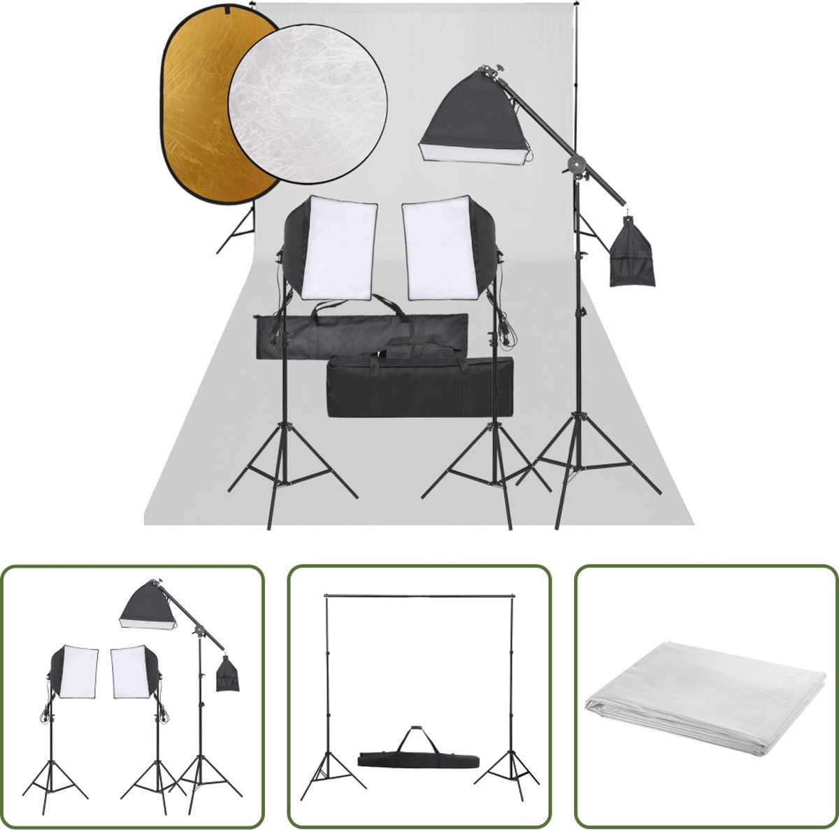 The Living Store Fotostudioset - Verlichtingsset 3x40x40cm Softbox - 3x78-210cm Statief - 1x75-210cm Achtergrondset - 1x600x300cm Witte Achtergrond - 1x110cm 5-in-1 Reflector - 1x1.5x1m 2-in-1 Reflector - 2x Draagtas