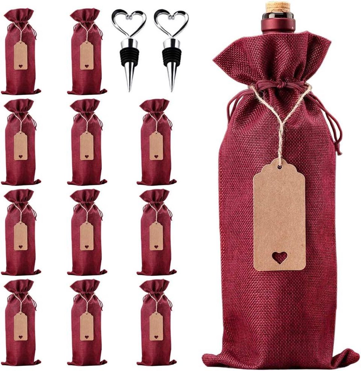Jute zak Fles Gift Bags Drawstring Bottle Covers - Kerst feest tassen herbruikbaar - 12pcs met Tags touwen en stoppers