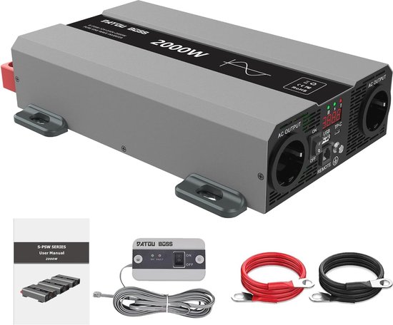 Omvormer 12V naar 230V 2000W - Zuivere Sinusgolven met 2 EU Stopcontacten en USB/PD Uitgang voor Camper en Auto