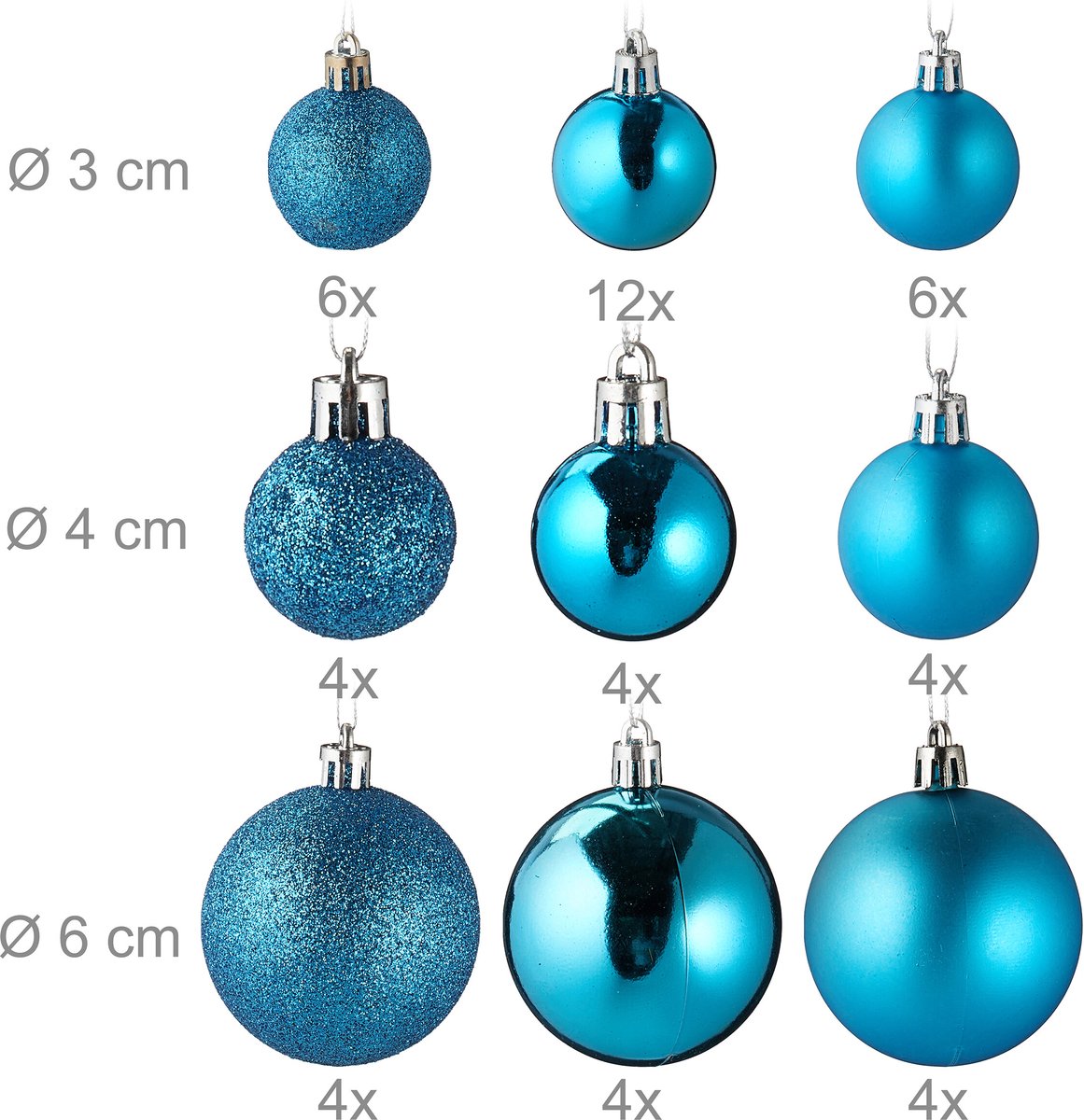 Kerstballen set van 100 - plastic - mat - glanzend - glitters - 10 designs - turquoise – foto 2