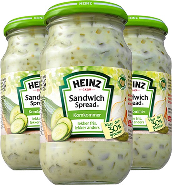 Drie potten Heinz Sandwich Spread Komkommer. Met meer dan 30% groenten. Lekker fris, lekker anders.