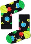 Zwarte sokken met vrolijke kerstballen met gezichtjes in rood, blauw en groen. Geel met groene boorden.