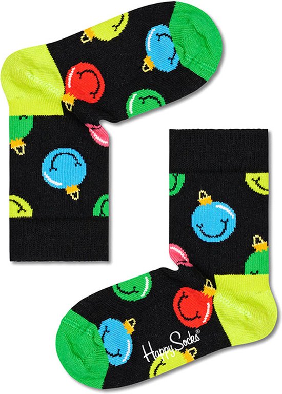Zwarte sokken met vrolijke kerstballen met gezichtjes in rood, blauw en groen. Geel met groene boorden.