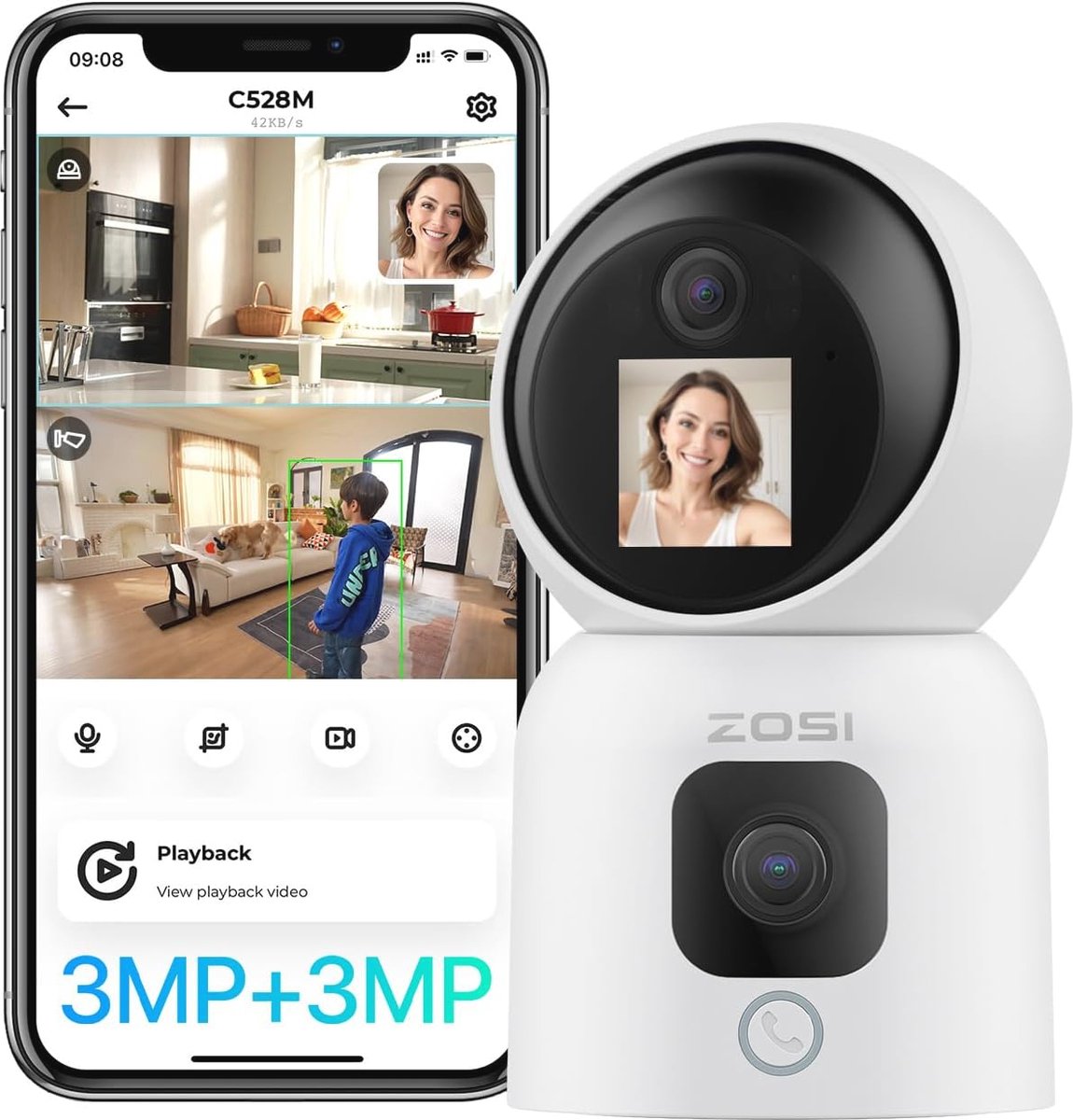WiFi Bewakingscamera met Dubbele Lens en Monitor - 360 Graden Draaibaar voor Binnen