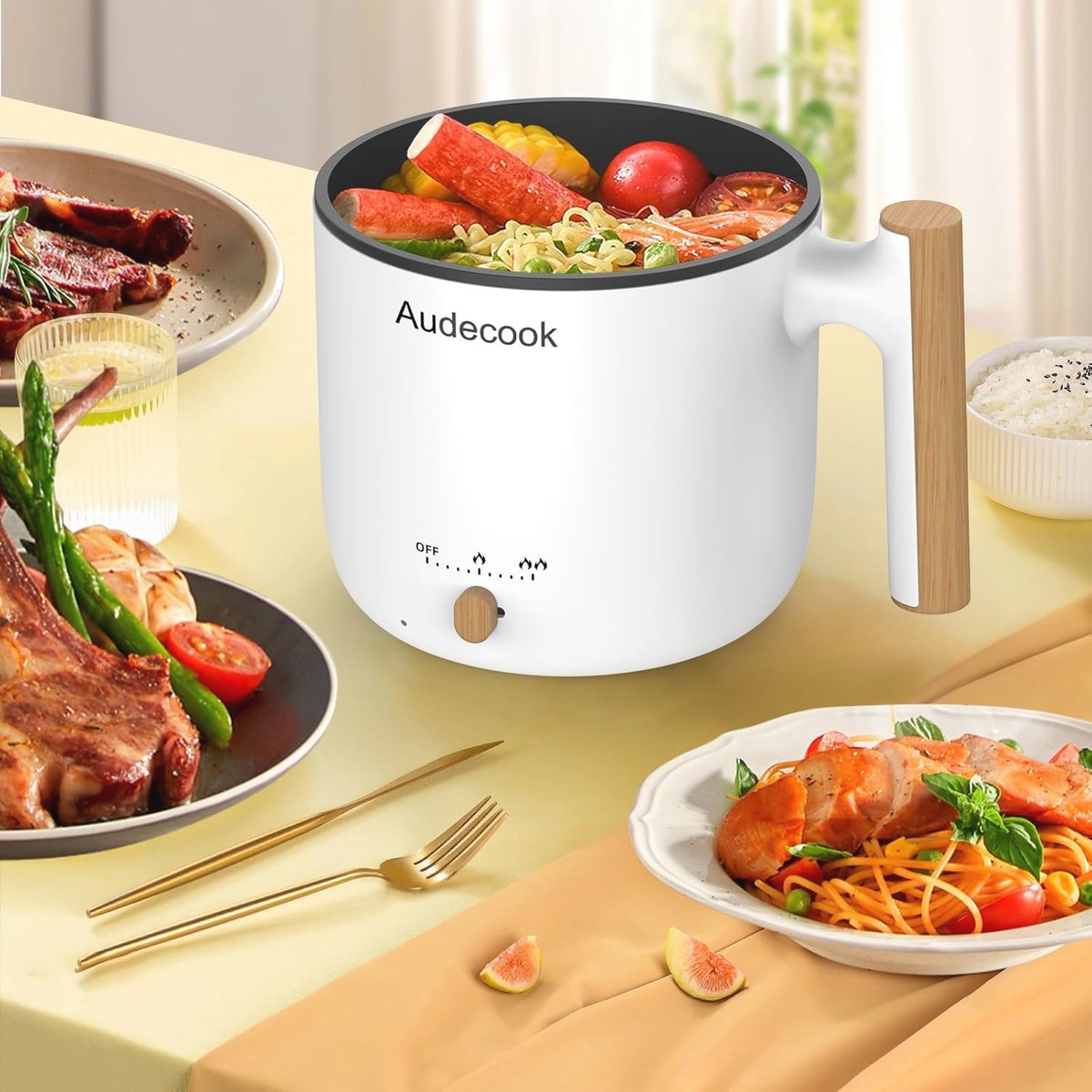 Elektrische Hot Pot en stoompan, 1,7 liter, draagbare mini multikoker, Ramen kooktoestel, vermogensregeling voor Stir Fry, steak, pasta, Ramenkoker, slaapzaal (roze