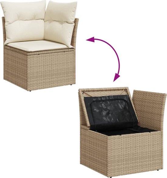 Rotan stoel met crème kussens, met opklapbaar deksel voor opbergruimte.