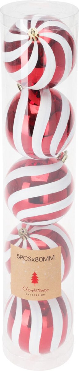 Christmas Decoration Kerstballen - 5x st - 8 cm - rood/wit - kunststof - kerstversiering