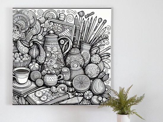 Doodle stilleven schilderij | Woorden in beeld: een levendig stilleven van artistiek gekrabbel | Kunst - 80x80 centimeter op Dibond | Foto op Dibond