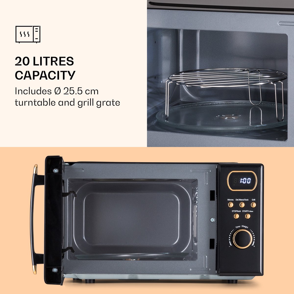 Klarstein Magnetron met Grill, 800 W, 20 Liter, 3-in-1 RVS Zwart, Met Ontdooien en Pizzafunctie, Draaiplateau, Compact thumbnail 3