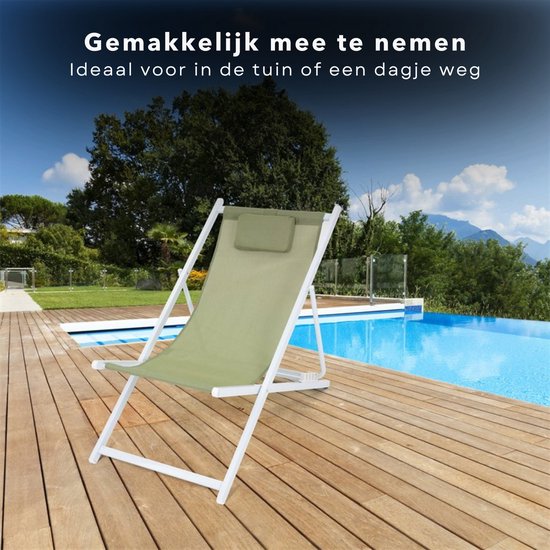 Cheqo® Ligstoel - Opvouwbare Tuinstoel - Strandstoel Opvouwbaar - Campingstoel - Wit Aluminium Frame - Groen Doek - Inklapbaar - Verstelbaar - 101x61x91cm - Gewicht 3.8kg van Cheqo — afbeelding 3