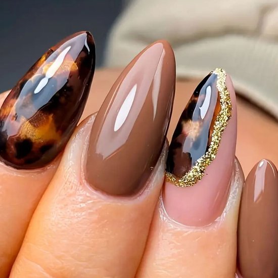 Foto: Nepnagels met lijm nepnagels bruin schildpad print goud mix almond 24 stuks gekleurd lang kunstnagels met print plak nagels press on nails nagellijm trendy