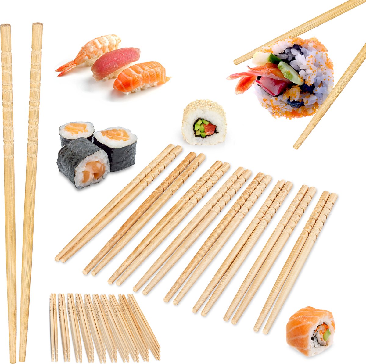 sushi stokjes - set - 50 paar - hebruikbaar - met ribbels - bamboe