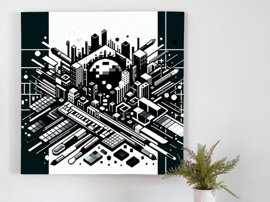 Pixel art zwart wit schilderij | Monochrome meesterwerk: een zwart-wit pixelkunst spektakel onthuld | Kunst - 40x40 centimeter op Canvas | Foto op Canvas