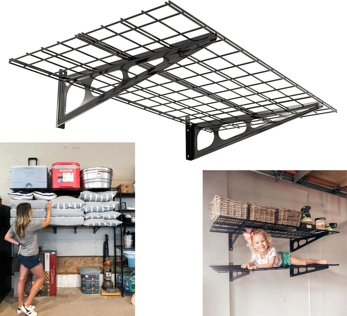 Goodivery ® Zware Stalen Garage Wandplank met Draadnetwerk en Kabelbinders voor Opslag - set van 2 - 60cm x 120cm