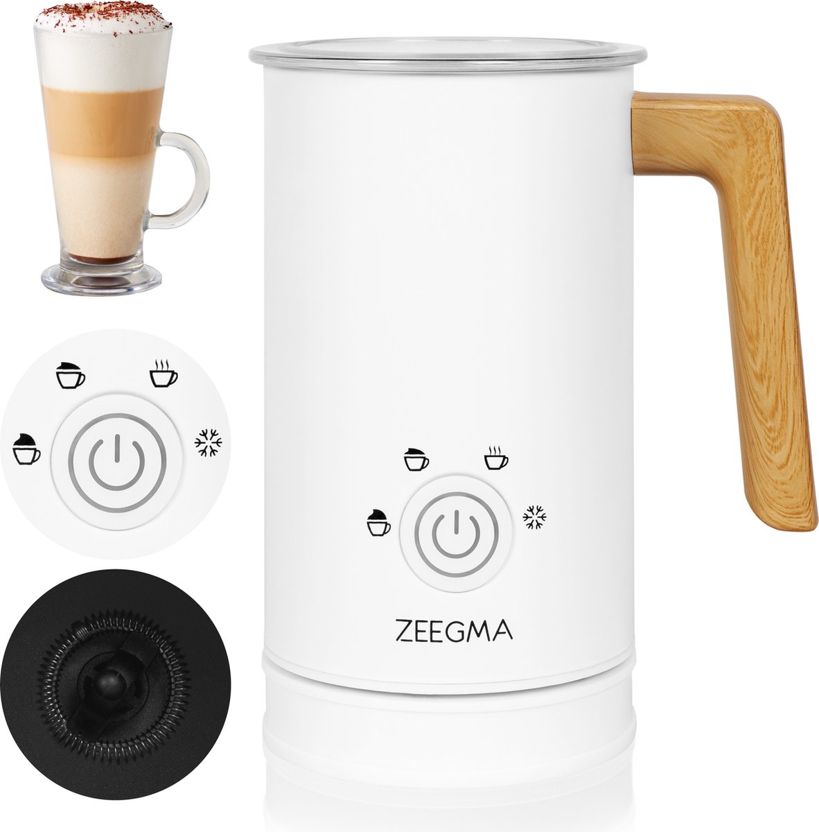 Zeegma Milkee Elektrische Melkopschuimer 240ml - 500W - 4 Opschuimstanden, Touchscreen, Anti-aanbaklaag, Voor Koffie en Melkdranken - Verwarmen en Opschuimen van Melk met Moderne Houten Afwerking