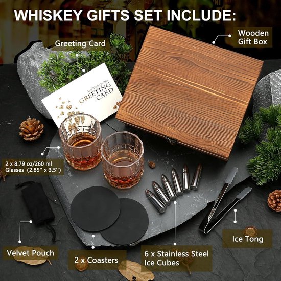 Whiskyglazen set - Whisky Geschenkdoos - Verjaardagscadeaus mannen - Roestvrij Staal Whisky Stones - Whisky Glas Set - Papa Kerstmis - Man van Flow Barware — afbeelding 2