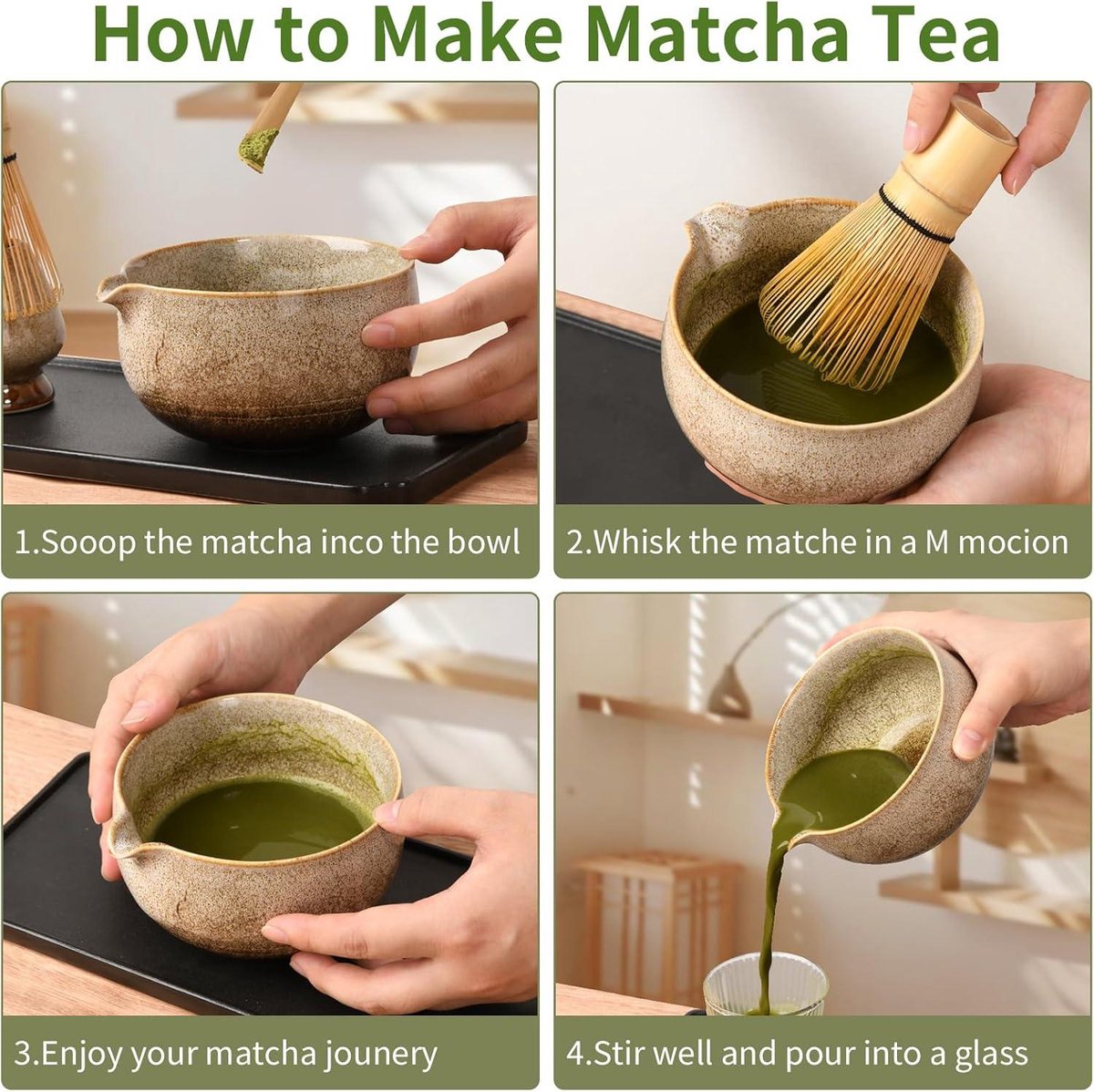 EOIMS Japanse Matcha Theeset, Matcha Kom met Tuit, Inclusief Handgemaakte Keramische Klopper Houder, Matcha Klopper en Schepje, Perfecte Matcha Kit voor Traditionele Theeceremonie