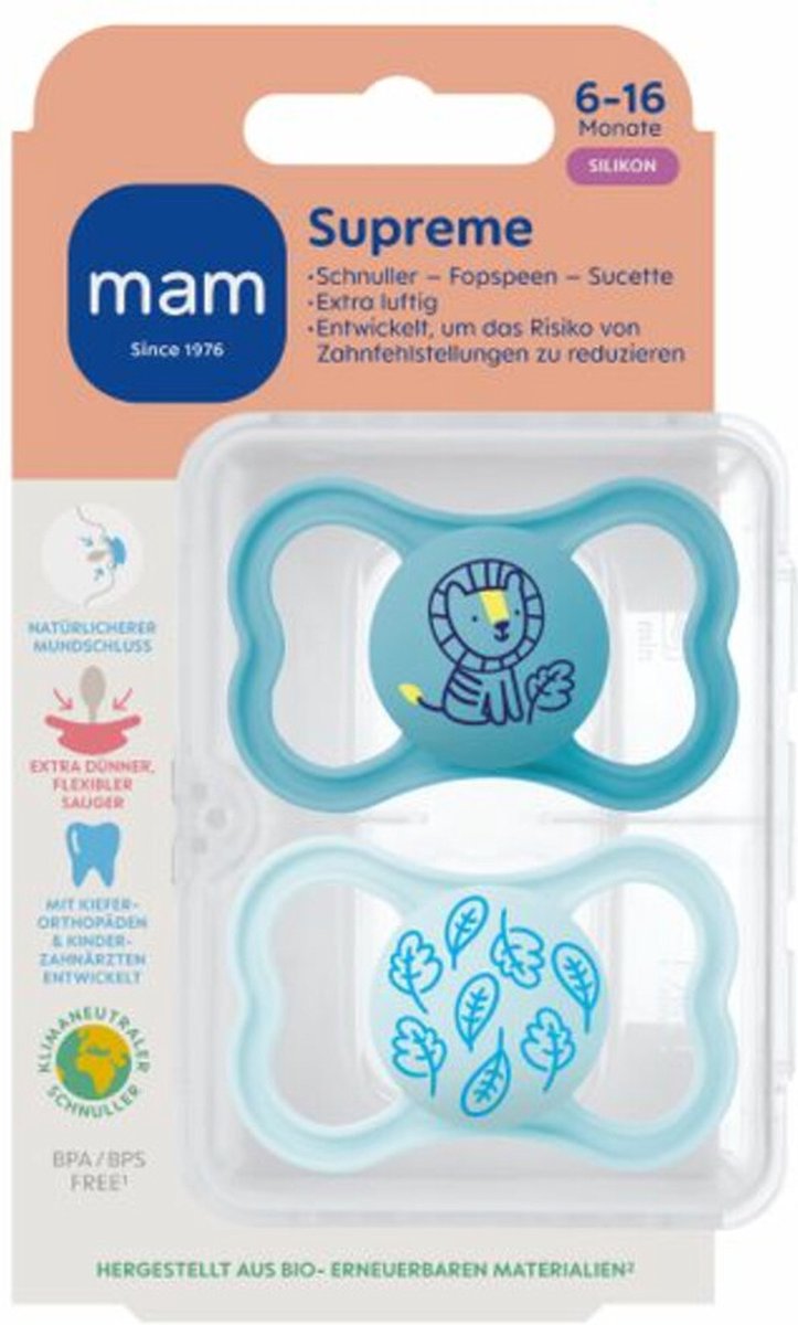 Goedkoopste MAM Fopspeen Supreme Silikon 6-16 mnd Blauw 2 stuks