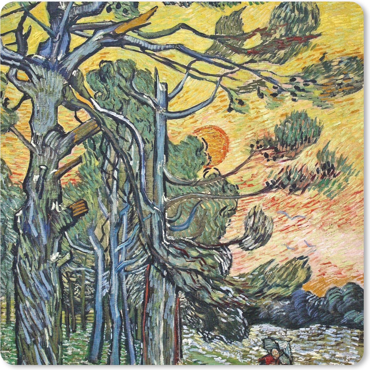 Muismat 30x30 cm - Mousepad Dennenbomen bij zonsondergang - Vincent van Gogh - Muismatten