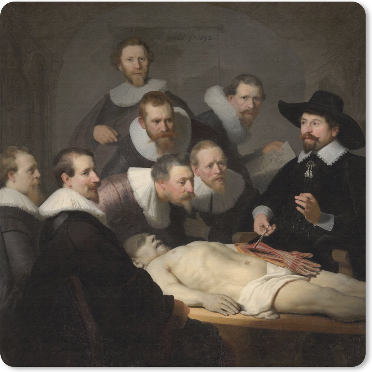 Muismat 20x20 cm - Mousepad De anatomische les van Dr. Nicolaes Tulp - Schilderij van Rembrandt van Rijn - Muismatten